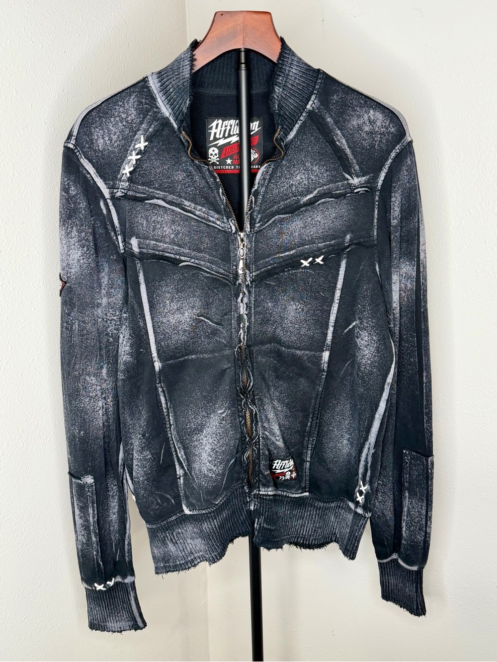 Affliction Black & Gray Distressed Zip-Up Hoodie Size Small